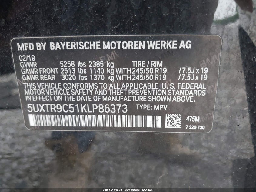 2019 BMW X3 VIN 5UXTR9C51KLP86373 IAAI salvage auction — REAR END, Salvage (Ohio), sold $8,500 on 2026-07-08 (photo 9)