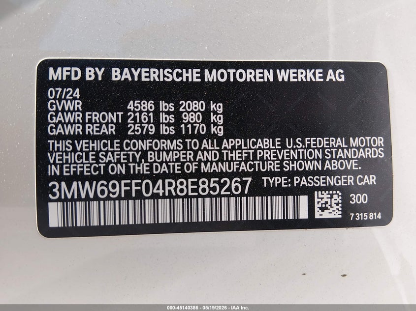 2024 BMW 3er VIN 3MW69FF04R8E85267 IAAI salvage auction — RIGHT SIDE, Salvage (California), sold $14,700 on 2026-07-29 (photo 9)