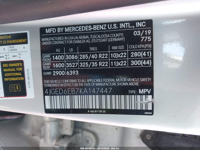 2019 Mercedes-benz Amg gle coupe VIN 4JGED6EB7KA147447 IAAI salvage auction — REAR END, Salvage (California), sold $21,000 on 2026-07-15 (photo 9)