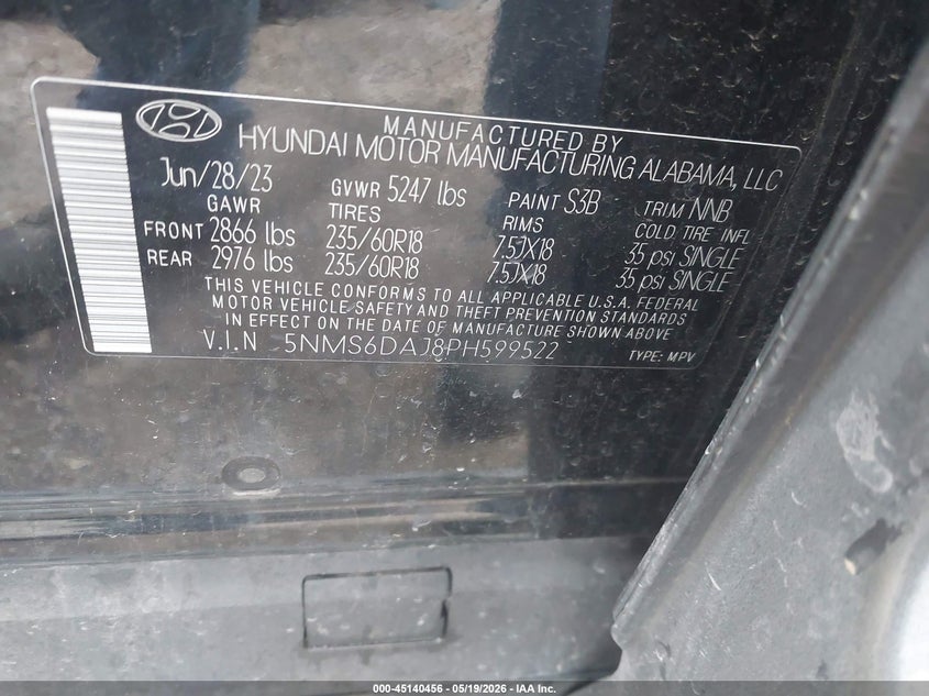 2023 Hyundai Santa fe VIN 5NMS6DAJ8PH599522 IAAI salvage auction — HAIL, Clear (Oklahoma), sold $11,000 on 2026-07-29 (photo 9)