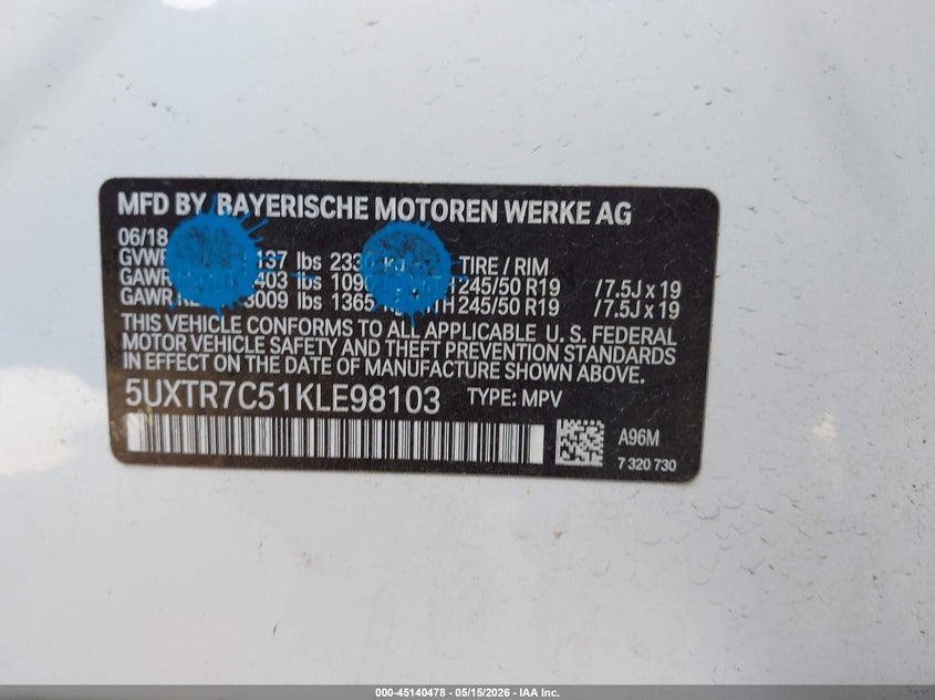 2019 BMW X3 VIN 5UXTR7C51KLE98103 IAAI salvage auction — LEFT FRONT, Salvage (California), sold $3,400 on 2026-07-15 (photo 9)