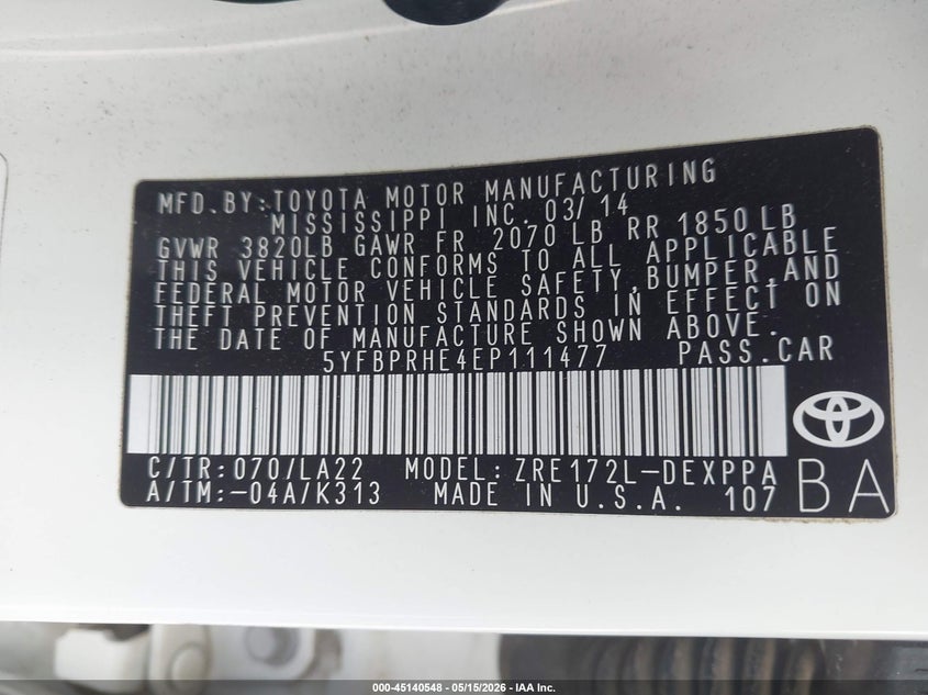 2014 Toyota Corolla VIN 5YFBPRHE4EP111477 IAAI salvage auction — LEFT FRONT, Salvage (California), sold $1,800 on 2026-07-12 (photo 9)