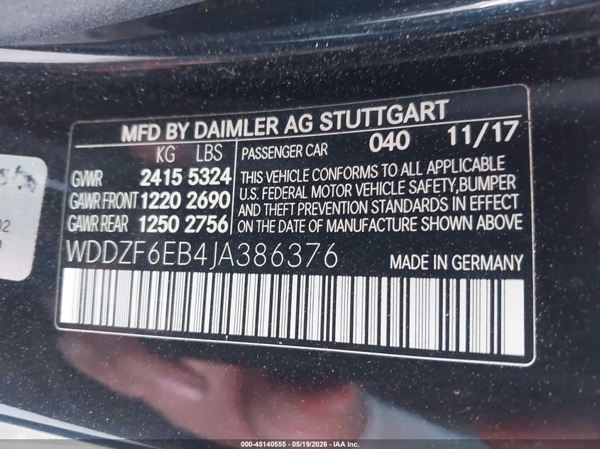 2018 Mercedes-benz VIN WDDZF6EB4JA386376 IAAI salvage auction — ALL OVER, Salvage Title, sold $3,600 on 2026-08-11 (photo 9)