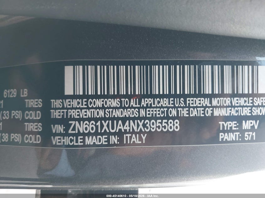2022 Maserati Levante VIN ZN661XUA4NX395588 IAAI salvage auction — FRONT & REAR, Wait Title, sold $9,600 on 2026-08-10 (photo 9)