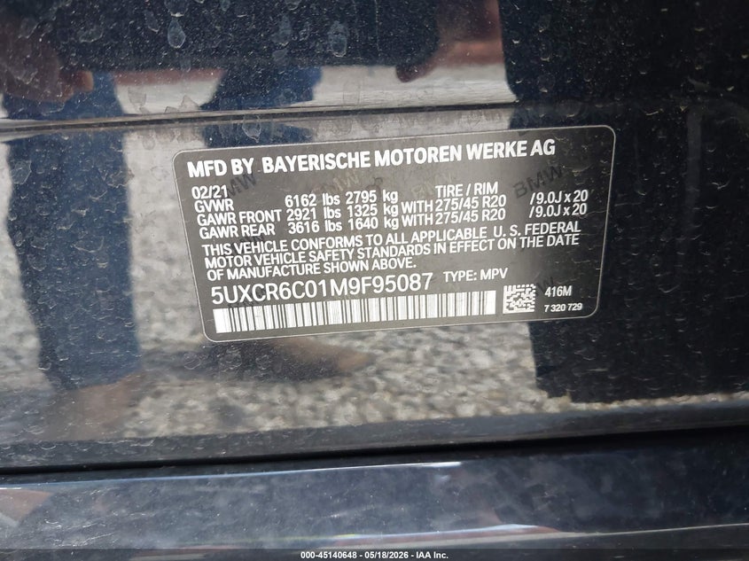 2021 BMW X5 VIN 5UXCR6C01M9F95087 IAAI salvage auction — LEFT FRONT, Salvage (Kentucky), sold $22,700 on 2026-07-11 (photo 9)