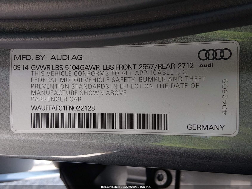 2015 Audi A6 VIN WAUFFAFC1FN022128 IAAI salvage auction — FRONT END, Salvage (California), sold $1,125 on 2026-07-13 (photo 9)