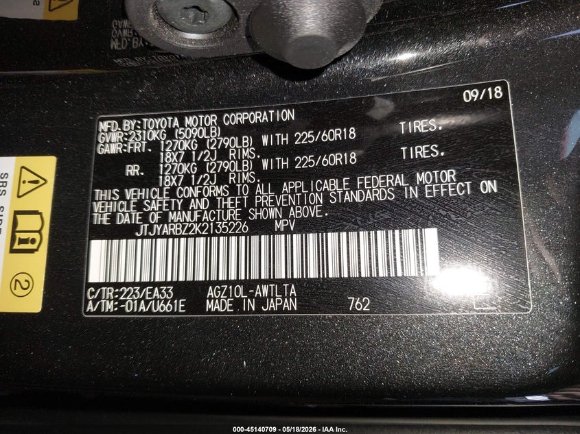 2019 Lexus Nx VIN JTJYARBZ2K2135226 IAAI salvage auction — REAR END, Salvage (Arizona), sold $11,550 on 2026-07-07 (photo 9)