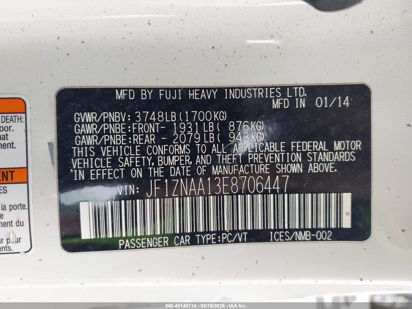 2014 Scion Fr-s VIN JF1ZNAA13E8706447 IAAI salvage auction — FRONT END, Salvage (Kentucky), sold $700 on 2026-07-13 (photo 9)