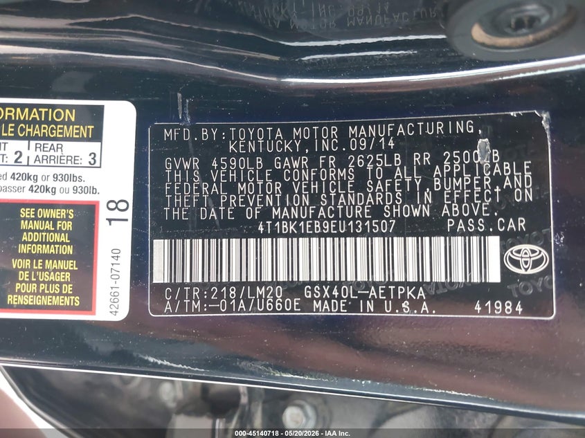 2014 Toyota Avalon VIN 4T1BK1EB9EU131507 IAAI salvage auction — NORMAL WEAR, Salvage (Missouri), sold $3,800 on 2026-07-09 (photo 9)