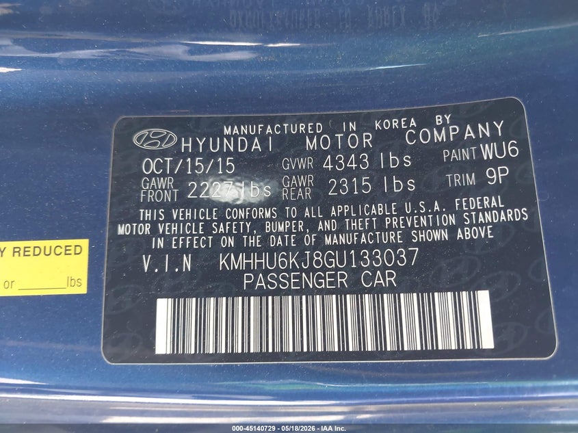 2016 Hyundai Genesis VIN KMHHU6KJ8GU133037 IAAI salvage auction — FRONT END, Salvage (California), sold $700 on 2026-07-07 (photo 9)