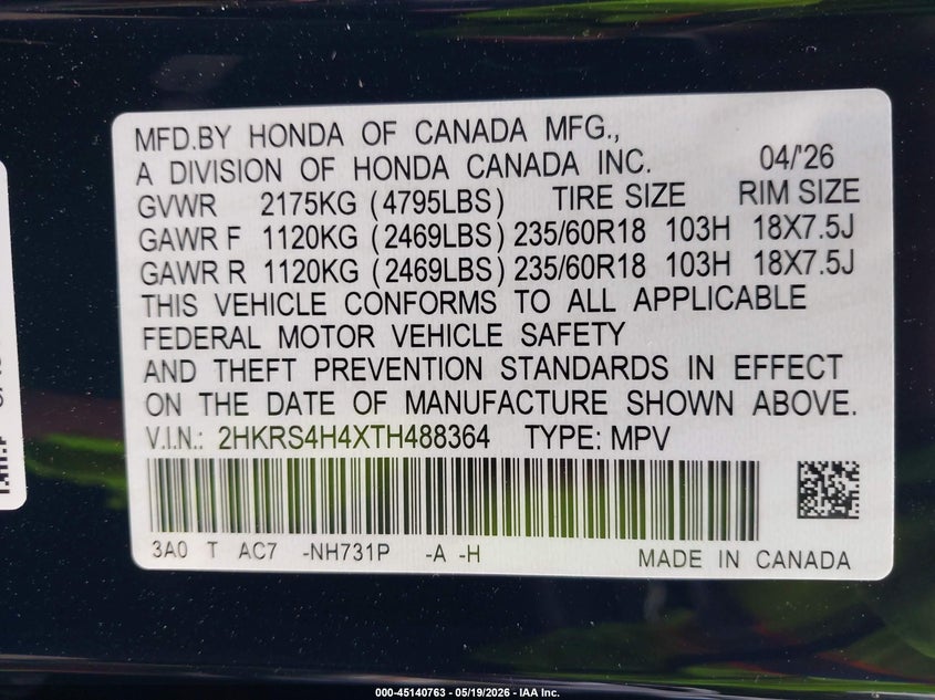 2026 Honda Cr-v VIN 2HKRS4H4XTH488364 IAAI salvage auction — FRONT END, Salvage - Greater Than 75% (Maryland), sold $8,500 on 2026-07-23 (photo 9)