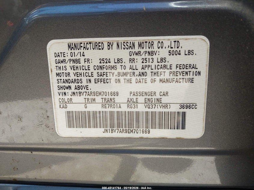 2014 Infiniti Q50 VIN JN1BV7AR9EM701669 IAAI salvage auction — FRONT END, Salvage (Georgia), sold $650 on 2026-07-17 (photo 9)