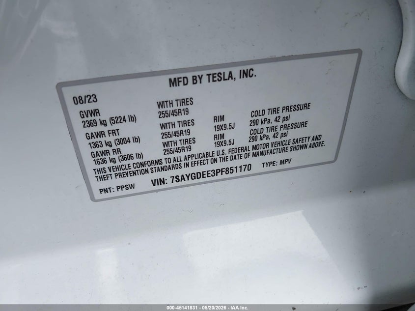 2023 Tesla Model y VIN 7SAYGDEE3PF851170 IAAI salvage auction — LEFT SIDE, Mv-907A (New York), sold $25 on 2026-07-23 (photo 9)