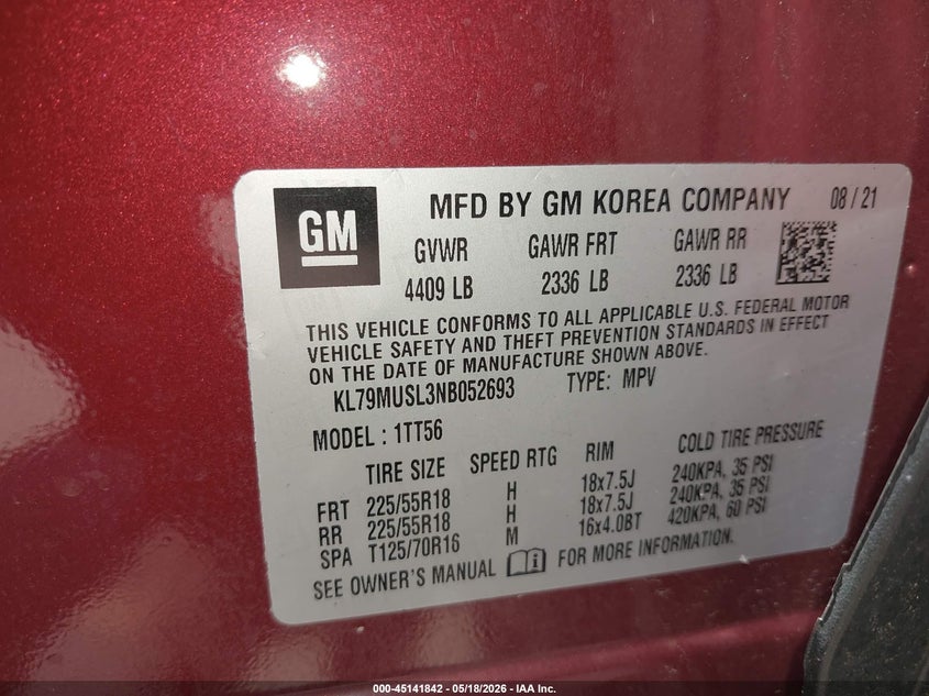 2022 Chevrolet Trailblazer VIN KL79MUSL3NB052693 IAAI salvage auction — LEFT SIDE, Mv-907A (New York), sold $2,150 on 2026-07-14 (photo 9)