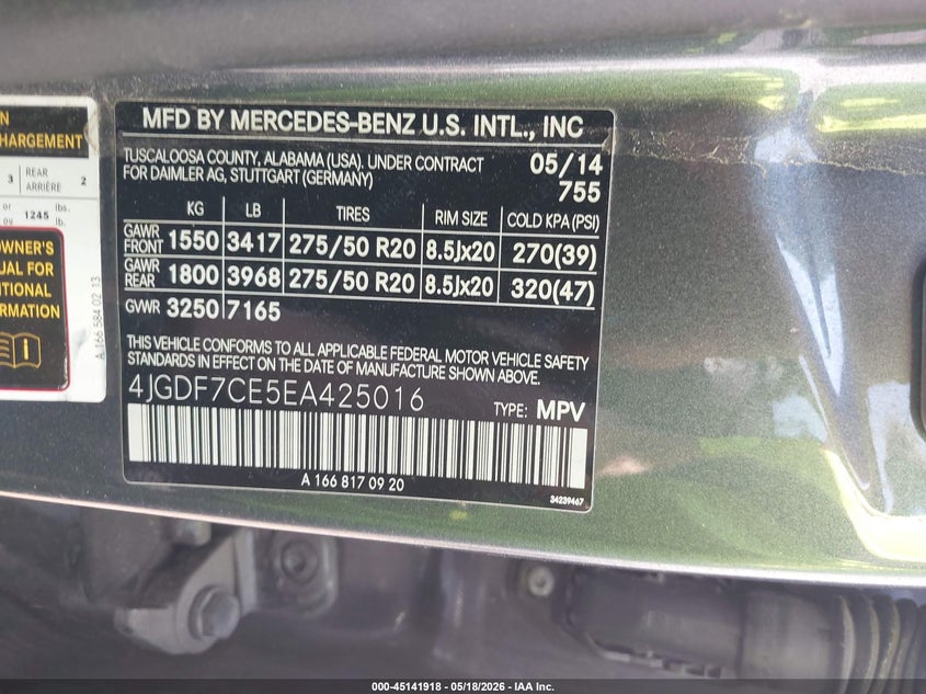 2014 Mercedes-benz Gl-klasse VIN 4JGDF7CE5EA425016 IAAI salvage auction — LEFT SIDE, Salvage (Vermont), sold $1,650 on 2026-07-18 (photo 9)