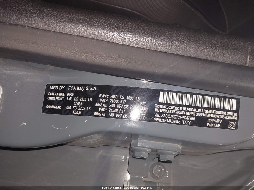 2015 Jeep Renegade VIN ZACCJBCT2FPC47860 IAAI salvage auction — NORMAL WEAR, Clear (Montana), sold $1,550 on 2026-07-16 (photo 9)