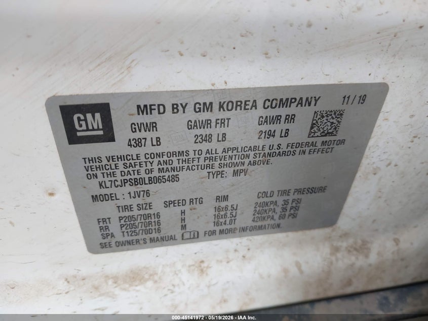 2020 Chevrolet Trax VIN KL7CJPSB0LB065485 IAAI salvage auction — FRONT END, Regular (South Dakota), sold $900 on 2026-07-07 (photo 9)