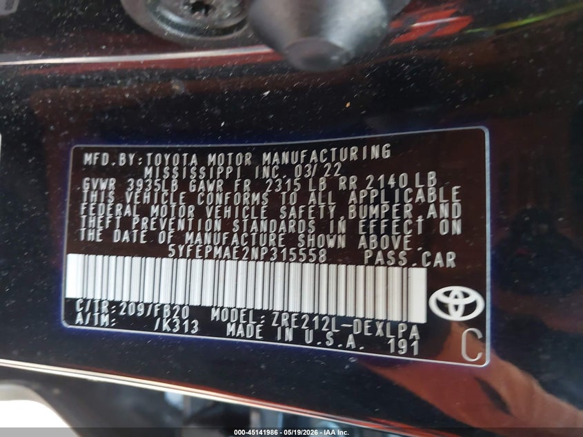 2022 Toyota Corolla VIN 5YFEPMAE2NP315558 IAAI salvage auction — FRONT END, Salvage - Greater Than 75% (Maryland), sold $4,150 on 2026-07-15 (photo 9)