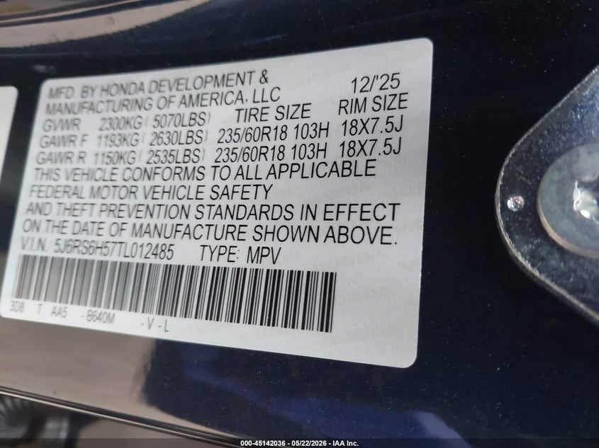 2026 Honda Cr-v VIN 5J6RS6H57TL012485 IAAI salvage auction — RIGHT FRONT, Salvage (Iowa), sold $17,100 on 2026-07-28 (photo 9)