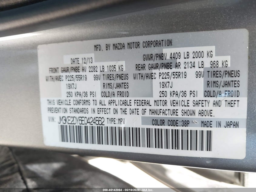 2014 Mazda Cx-5 VIN JM3KE2DY6E0424562 IAAI salvage auction — BIO HAZARD, Salvage (Georgia), sold $1,950 on 2026-07-23 (photo 9)