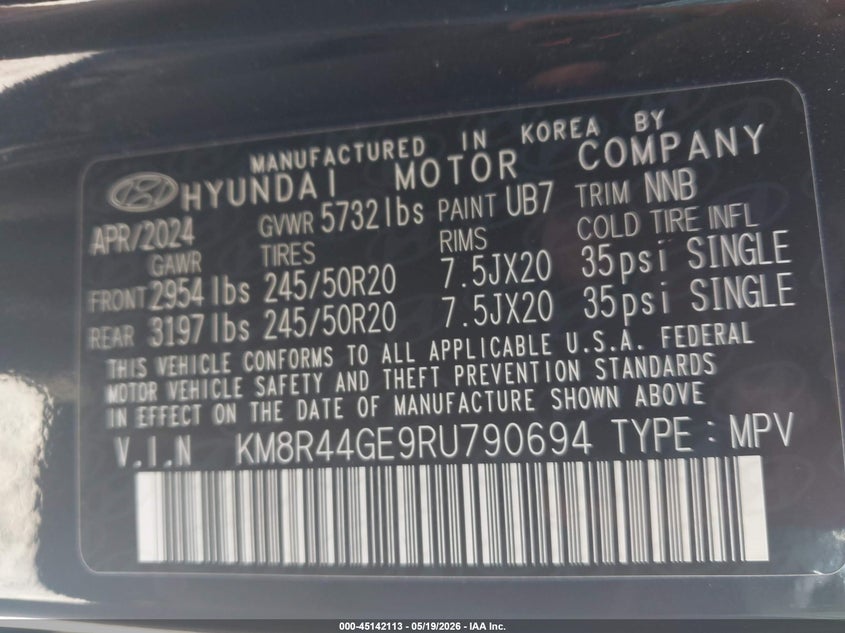 2024 Hyundai Palisade VIN KM8R44GE9RU790694 IAAI salvage auction — LEFT FRONT, Salvage (South Carolina), sold $10,900 on 2026-07-21 (photo 9)
