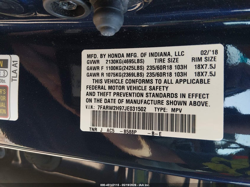 2018 Honda Cr-v VIN 7FARW2H97JE031502 IAAI salvage auction — FRONT END, Salvage (New Hampshire), sold $7,500 on 2026-07-22 (photo 9)