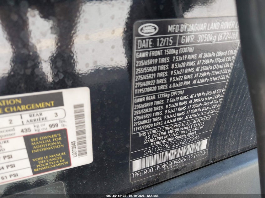 2016 Land rover RANGE ROVER VIN SALGS2KF2GA273945 IAAI salvage auction — FRONT END, Salvage (Utah), sold $5,025 on 2026-07-30 (photo 9)