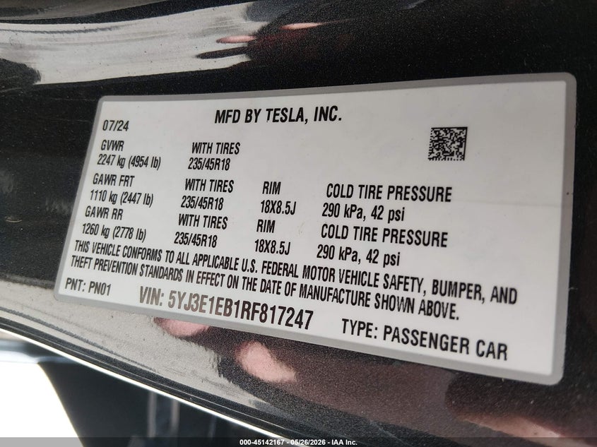 2024 Tesla Model 3 VIN 5YJ3E1EB1RF817247 IAAI salvage auction — LEFT FRONT, Salvage Title, sold $13,100 on 2026-07-28 (photo 9)