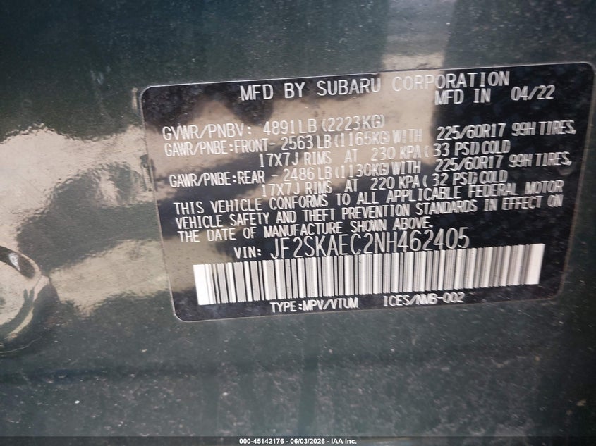 2022 Subaru Forester VIN JF2SKAEC2NH462405 IAAI salvage auction — FRONT & REAR, Salvage (Massachusetts), sold $3,000 on 2026-07-27 (photo 9)