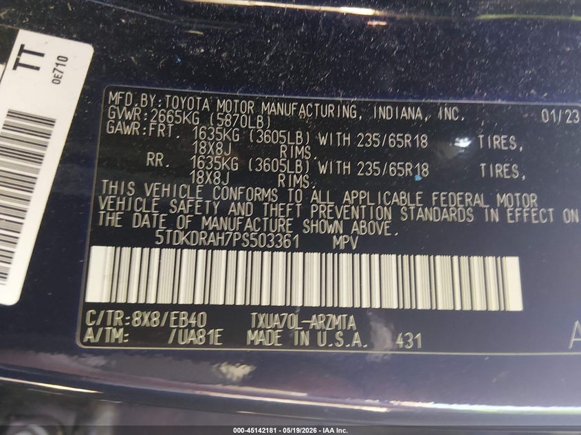 2023 Toyota Highlander VIN 5TDKDRAH7PS503361 IAAI salvage auction — FRONT END, Salvage (South Carolina), sold $8,650 on 2026-07-15 (photo 9)