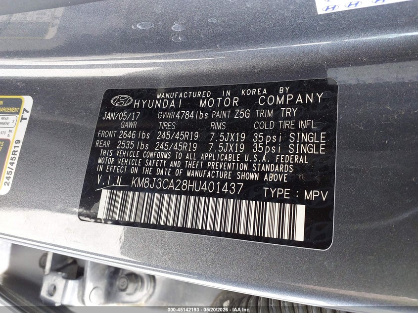 2017 Hyundai Tucson VIN KM8J3CA28HU401437 IAAI salvage auction — NORMAL WEAR, Clear (Illinois), sold $5,100 on 2026-07-20 (photo 9)