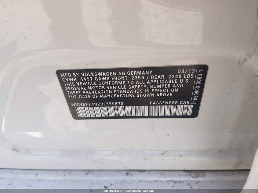 2013 Volkswagen Passat cc VIN WVWBP7AN2DE559873 IAAI salvage auction — RIGHT FRONT, Salvage (New Hampshire), sold $300 on 2026-07-22 (photo 9)