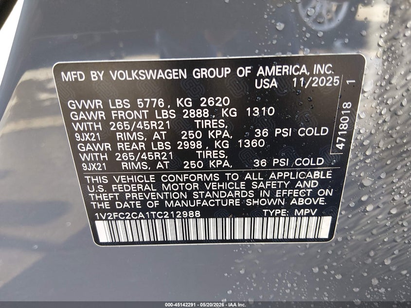 2026 Volkswagen Atlas cross sport VIN 1V2FC2CA1TC212988 IAAI salvage auction — REAR END, Salvage Title, sold $9,600 on 2026-07-22 (photo 9)