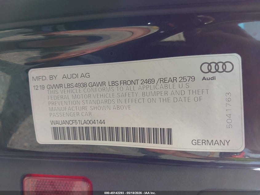 2020 Audi A5 VIN WAUANCF51LA004144 IAAI salvage auction — REAR END, Original (Texas), sold $9,600 on 2026-07-30 (photo 9)