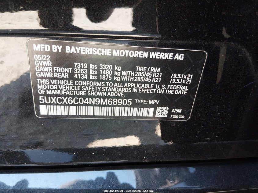 2022 BMW X7 VIN 5UXCX6C04N9M68905 IAAI salvage auction — LEFT REAR, Salvage (New Jersey), sold $20,200 on 2026-07-28 (photo 9)