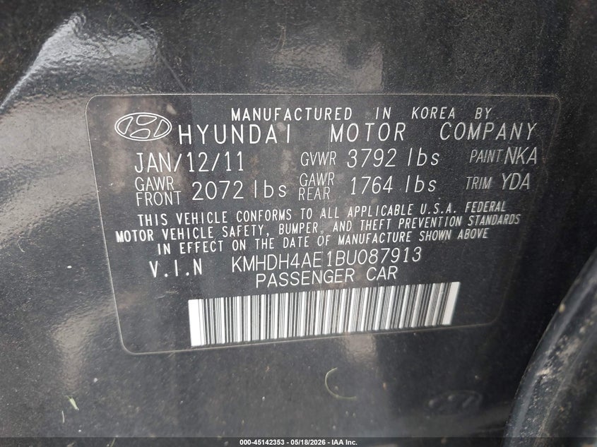 2011 Hyundai Elantra VIN KMHDH4AE1BU087913 IAAI salvage auction — NORMAL WEAR, Salvage (Texas), sold $375 on 2026-07-27 (photo 9)