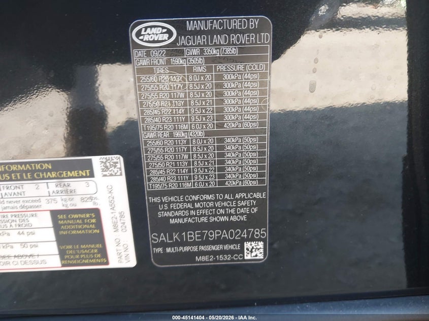 2023 Land rover RANGE ROVER VIN SALK1BE79PA024785 IAAI salvage auction — LEFT FRONT, Salvage (Florida), sold $66,350 on 2026-07-20 (photo 9)