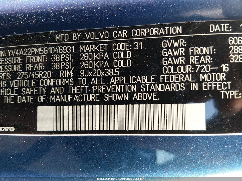 2016 Volvo Xc90 VIN YV4A22PM5G1046931 IAAI salvage auction — WATER/FLOOD, Wait Title, sold $5,300 on 2026-08-12 (photo 9)