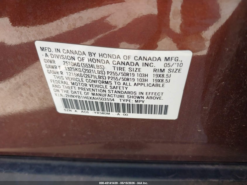 2010 Acura Zdx VIN 2HNYB1H6XAH503554 IAAI salvage auction — NORMAL WEAR, Salvage (Texas), sold $575 on 2026-07-06 (photo 9)