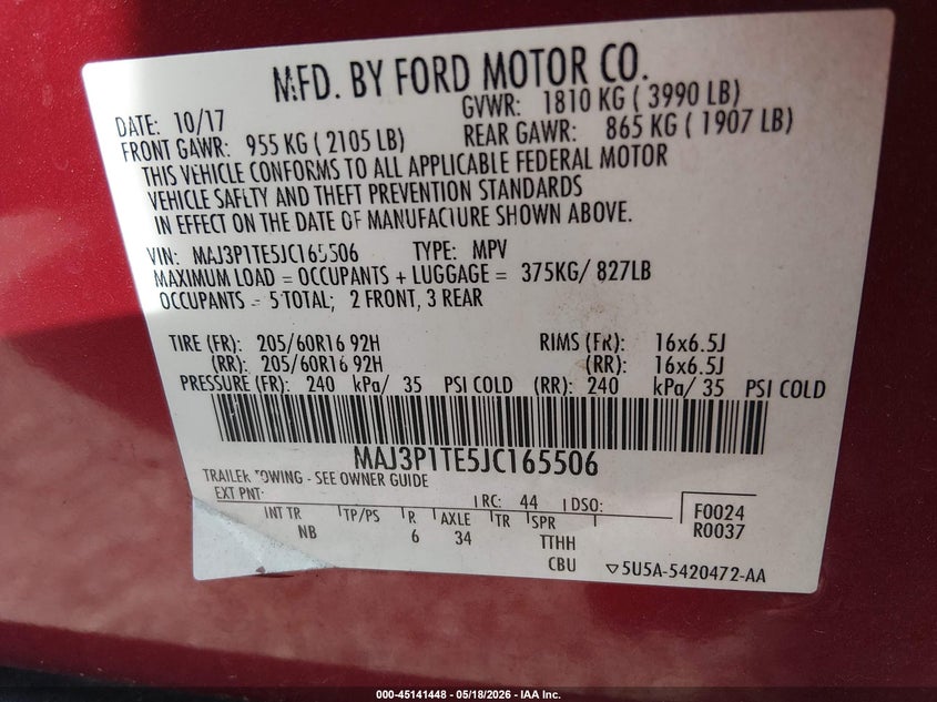 2018 Ford Ecosport VIN MAJ3P1TE5JC165506 IAAI salvage auction — FRONT END, Salvage (Ohio), sold $300 on 2026-07-21 (photo 9)