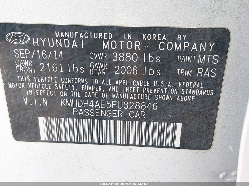 2015 Hyundai Elantra VIN KMHDH4AE5FU328846 IAAI salvage auction — FRONT END, Rebuildable (Florida), sold $825 on 2026-07-14 (photo 9)