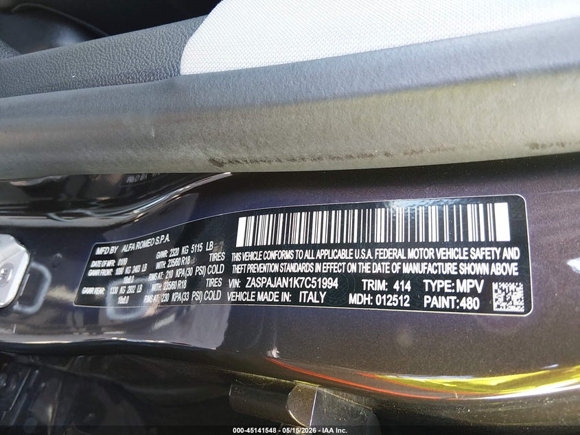 2019 Alfa romeo Stelvio VIN ZASPAJAN1K7C51994 IAAI salvage auction — FRONT END, Rebuildable (Florida), sold $2,300 on 2026-07-29 (photo 9)