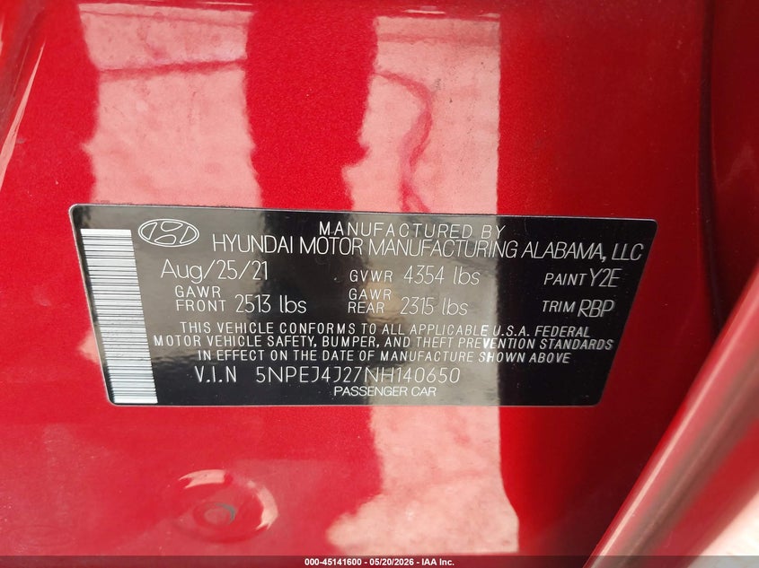 2022 Hyundai Sonata VIN 5NPEJ4J27NH140650 IAAI salvage auction — RIGHT SIDE, Salvage - 75% Or Less (Maryland), sold $4,550 on 2026-07-29 (photo 9)