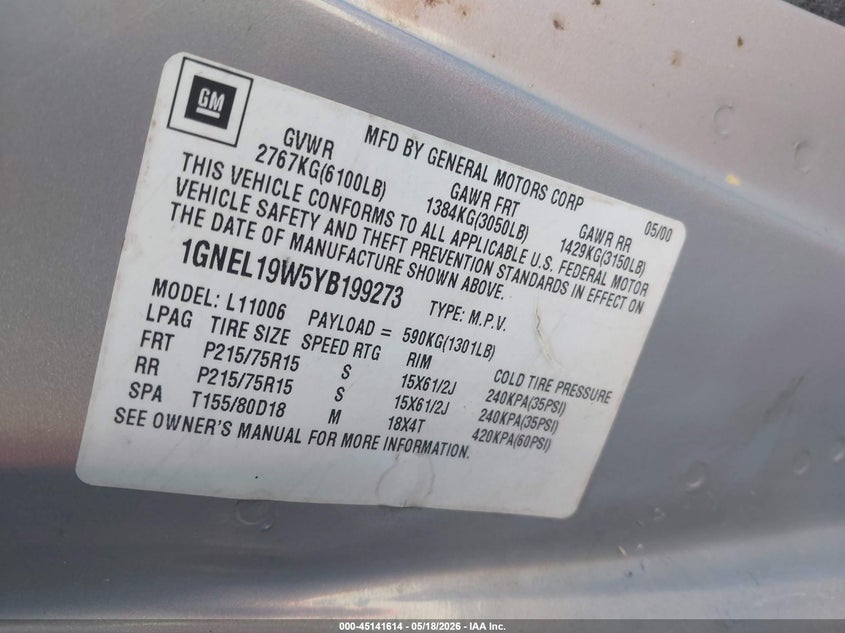 2000 Chevrolet Astro VIN 1GNEL19W5YB199273 IAAI salvage auction — ROLLOVER, Salvage (Georgia), sold $375 on 2026-07-07 (photo 9)