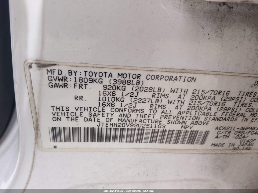 2003 Toyota Rav 4 VIN JTEHH20V930251103 IAAI salvage auction — NORMAL WEAR, Original (Ohio), sold $325 on 2026-07-14 (photo 9)