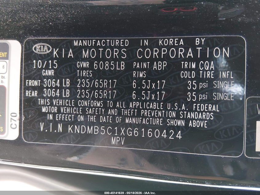2016 Kia SEDONA VIN KNDMB5C1XG6160424 IAAI salvage auction — THEFT, Salvage (Kansas), sold $1,550 on 2026-07-17 (photo 9)