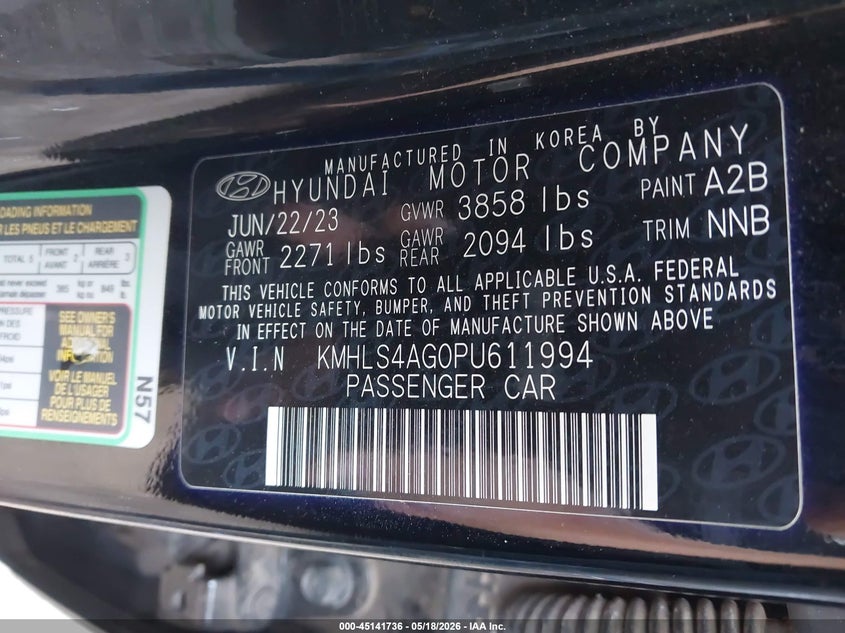 2023 Hyundai Elantra VIN KMHLS4AG0PU611994 IAAI salvage auction — REAR END, Original (Texas), sold $5,400 on 2026-07-21 (photo 9)