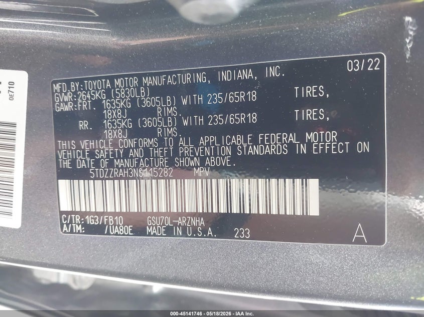 2022 Toyota Highlander VIN 5TDZZRAH3NS115282 IAAI salvage auction — HAIL, Salvage (Nevada), sold $13,150 on 2026-07-21 (photo 9)