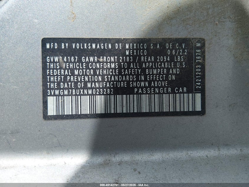 2022 Volkswagen Jetta VIN 3VWGM7BUXNM023282 IAAI salvage auction — HAIL, Salvage Title, sold $5,700 on 2026-08-15 (photo 9)