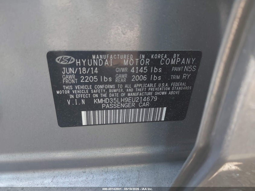 2014 Hyundai Elantra VIN KMHD35LH9EU214679 IAAI salvage auction — REAR END, Clear (Virginia), sold $925 on 2026-07-28 (photo 9)